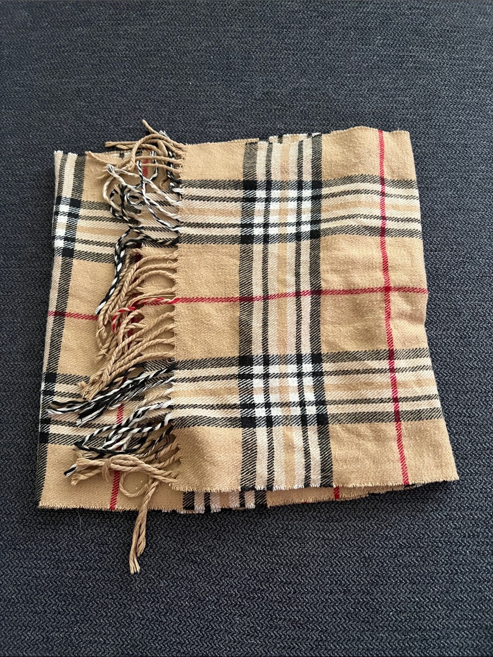 Burberry Cashmere Plaid Scarf in Camel and Black